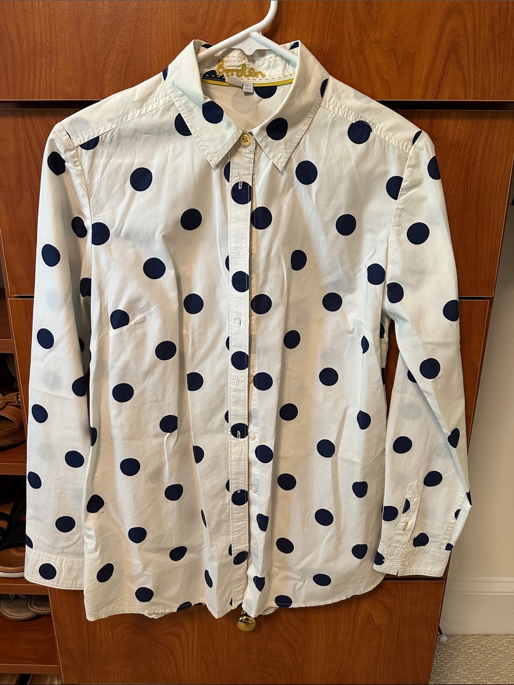 Boden White Button-Down Shirt with Navy Polka Dots